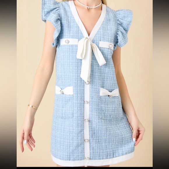 Main Strip Blue and White Flutter Sleeve Sundress - Picture 1 of 3